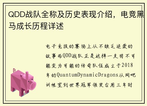 QDD战队全称及历史表现介绍，电竞黑马成长历程详述